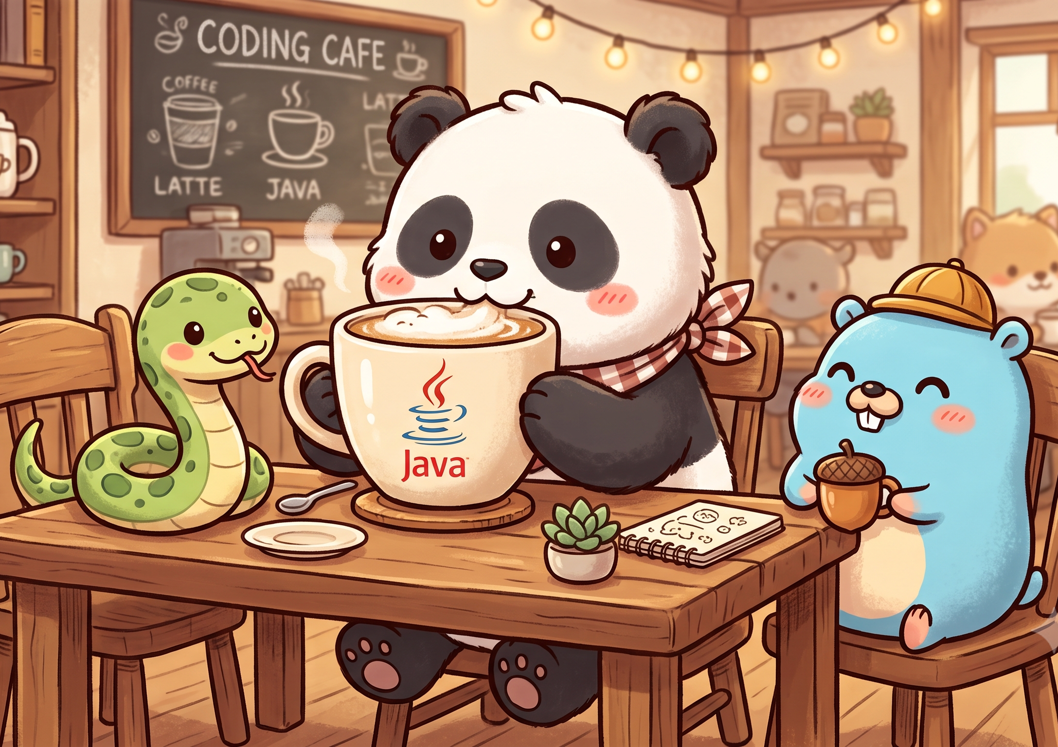 Panda buvant son café Java avec ses copains Python et Gopher